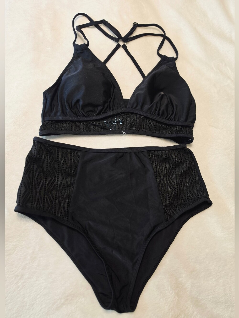 Cupshe Black High-Waist Lace-Panel Bikini Set